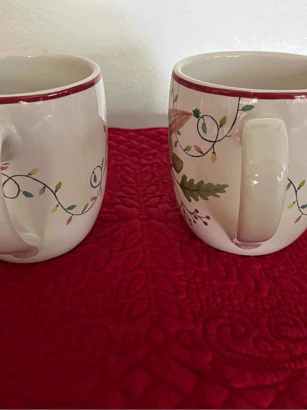 Pottery Barn White Holiday Gnome Mugs with Red Trim (Set of 2)